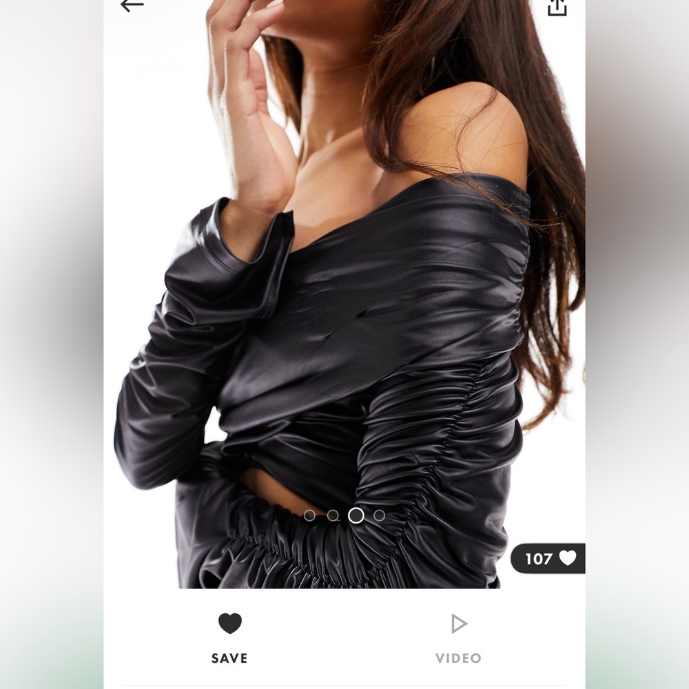 ASOS design leather look wrap front ruched sleeve top in black